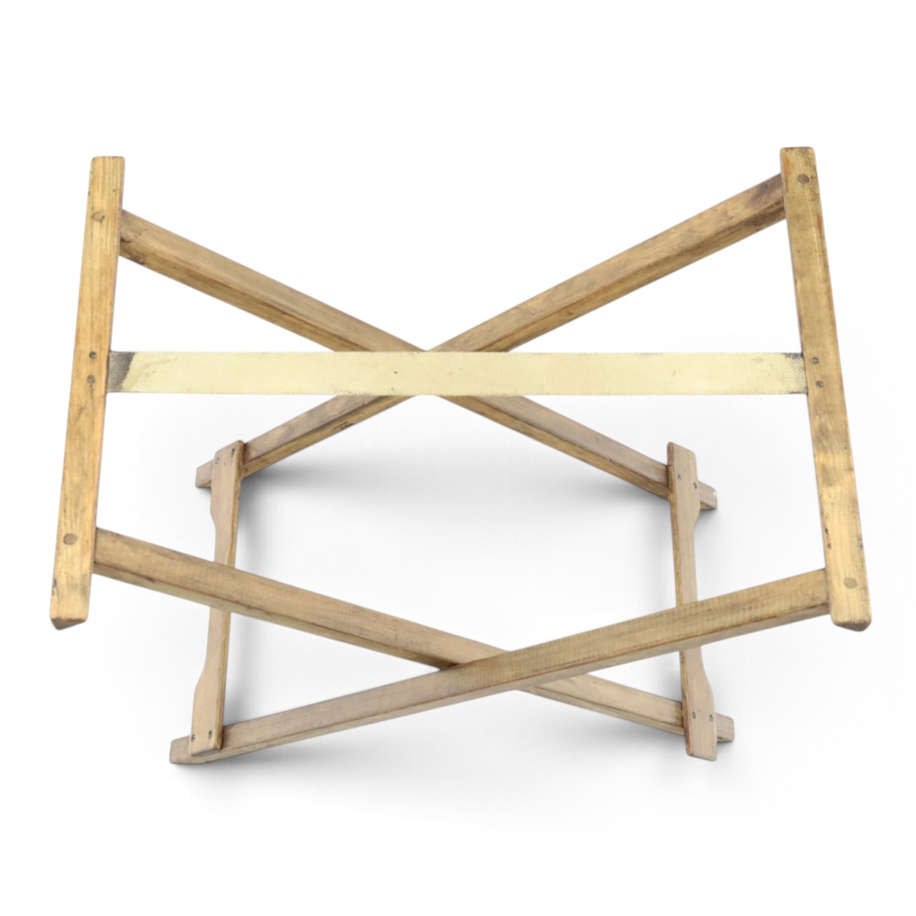 Champagne butler’s tray on stand, the wooden tray printed with champagne bottles and brand names, with cutout handles, raised on a folding stand