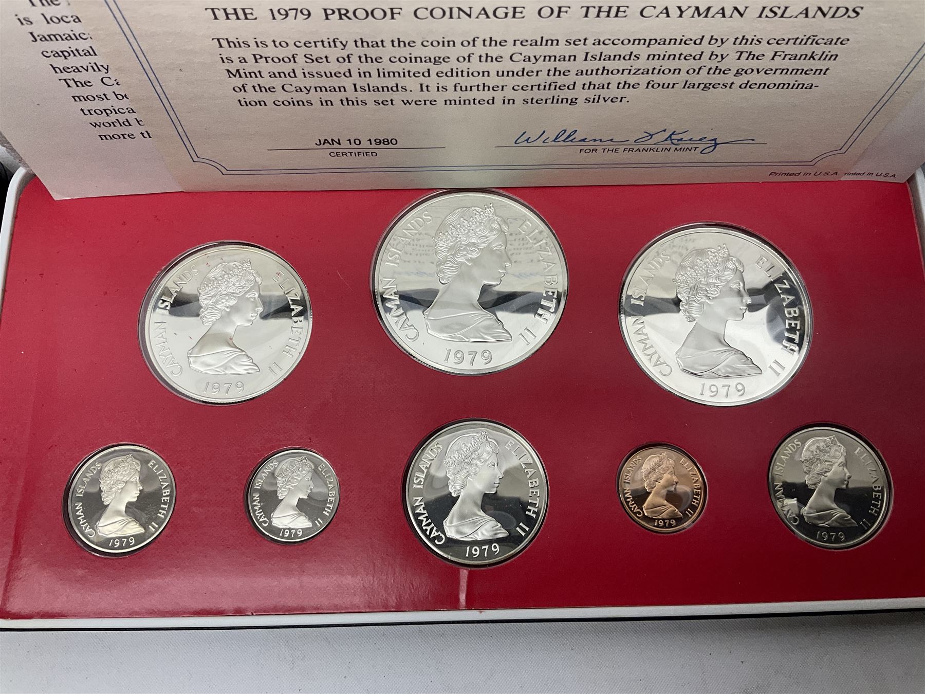 First National Coinage of Barbados 1973 proof eight coin set, from ten dollars to one cent, the ten dollar coin minted in sterling silver, the five dollar coin minted in 800 silver, and a Barbados 1974 proof eight coin set, both minted at The Franklin Mint, cased with certificates; two Republic of Malta decimal proof coin sets, dated 1978 and 1979, the 1979 one pound coin minted in sterling silver, both minted at The Franklin Mint, cased with certificates; Cayman Islands 1973 proof eight coin set, minted at the Royal Canadian Mint, cased; and a Cayman Islands 1979 proof eight coin set, the five dollar to fifty cents coins each minted in sterling silver, minted at the Franklin Mint, cased with certificate (6)
