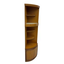Beautility - mid-20th century teak corner unit, fitted with four shelves over double cupboard