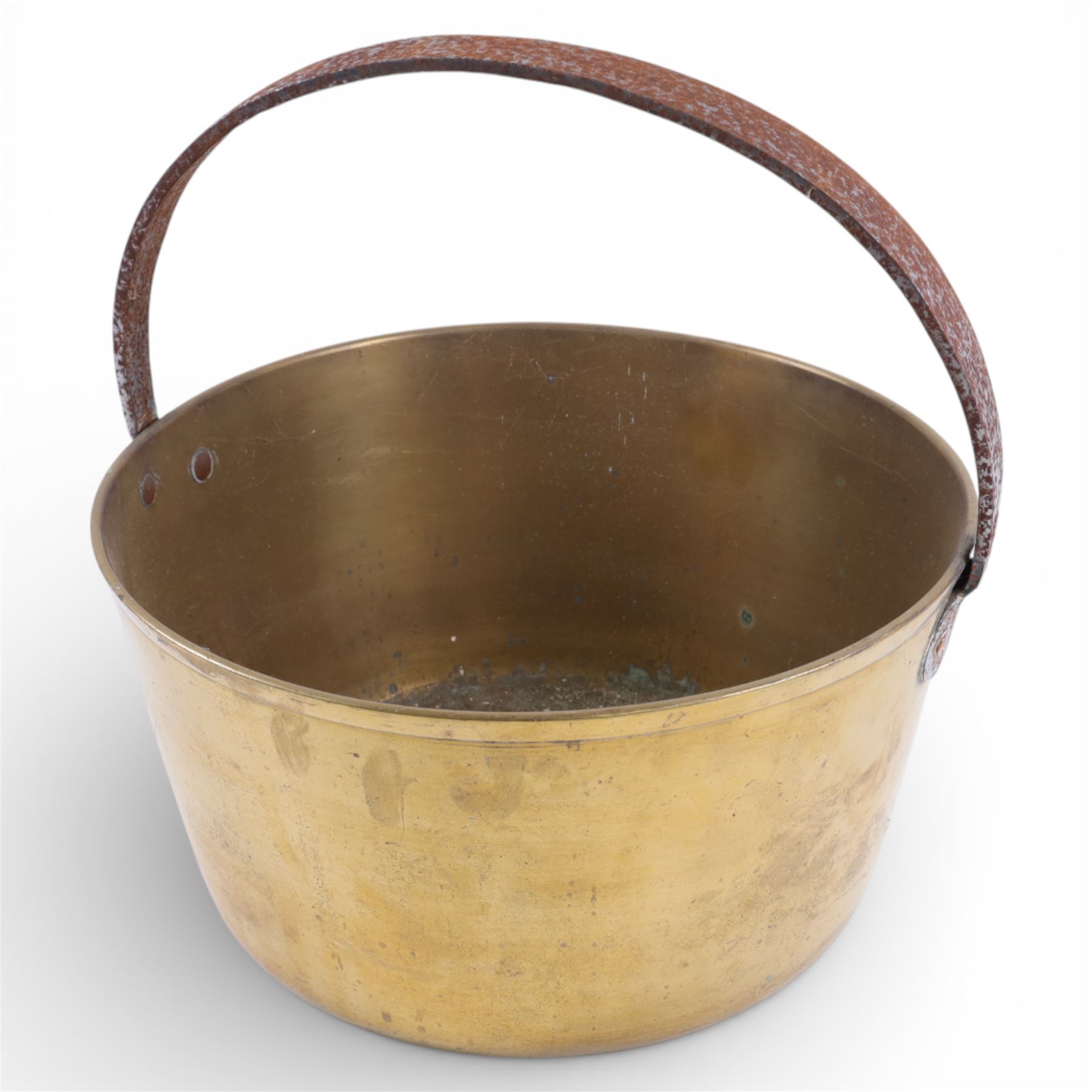 19th century brass jam pan, D38.5cm, together with a copper bed warming pan, approximately L105cm, and a mahogany framed wall mirror, H77cm