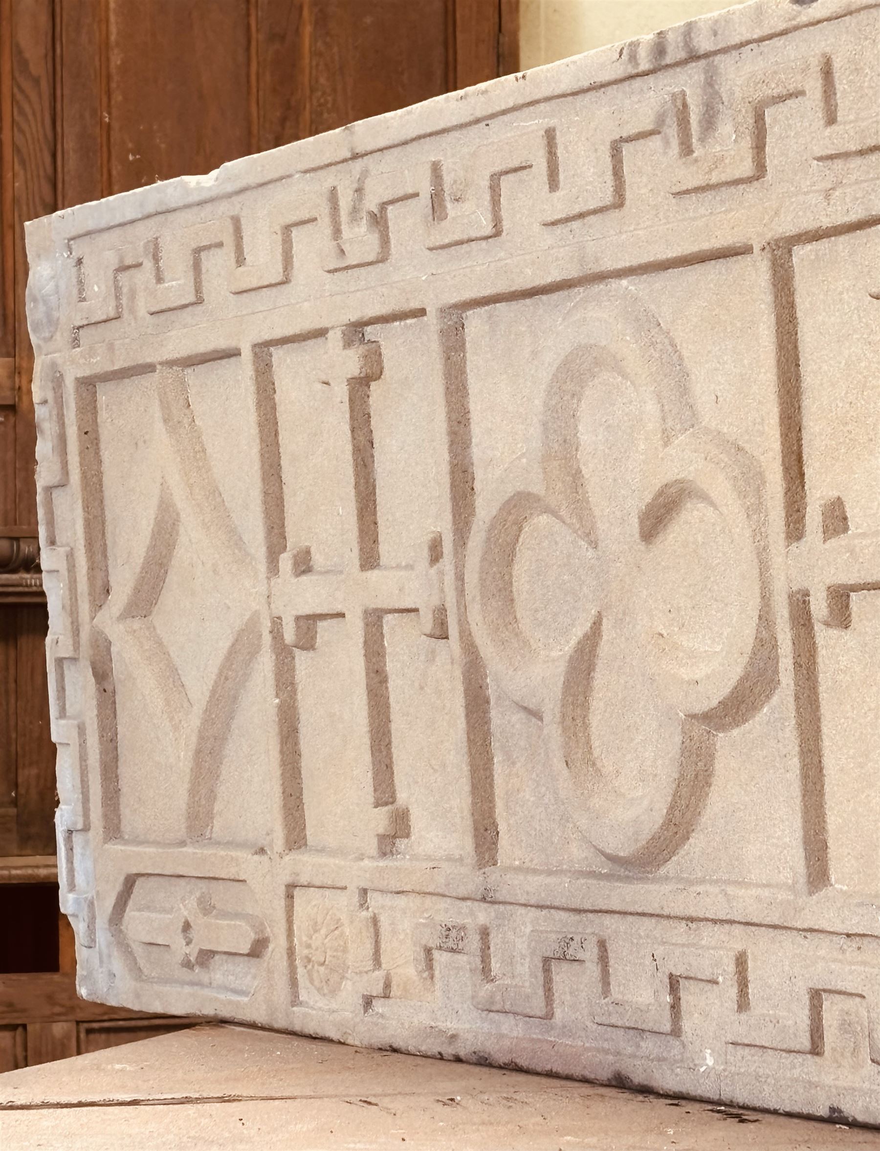 18th century carved sandstone chimneypiece transom/lintel, from a North York Moors manor house. L136cm, H51cm, D8cm. For ref. please see The HMSO Houses of the North York Moors publication.  - COLLECTION BY APPOINTMENT FROM: The White House, Thirsk Road, Easingwold, York, YO61 3NF - CALL 01723 507111 TO ARRANGE