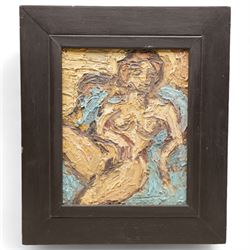 Barry De More (Yorkshire 1948-2023): 'Nude on Blue', oil and impasto on board signed and titled verso 25cm x 20cm
Notes: Acclaimed as one of the North's greatest expressionist artists, Barry De More (1948-2023) used a heavy impasto style to transfer his love of Yorkshire landscapes, townscapes and people to canvas. His work sits comfortably in the company of work by Kossoff and Auerbach, selling to collectors in the UK and overseas. De More's work can be found in the permanent collection of work by Northern Artists at Dean Clough, one of the UK's largest contemporary art galleries.