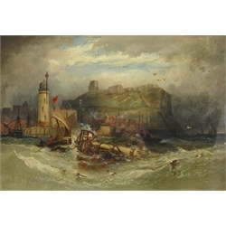  Joseph Newington Carter (British 1835-1871): Scarborough Harbour, oil on canvas signed and indistinctly dated 1866, remains of artist's 'York Place' address label verso 25cm x 35cm  Provenance: part of a large North Yorkshire single owner life time collection of J N Carter oils watercolours and sketches  