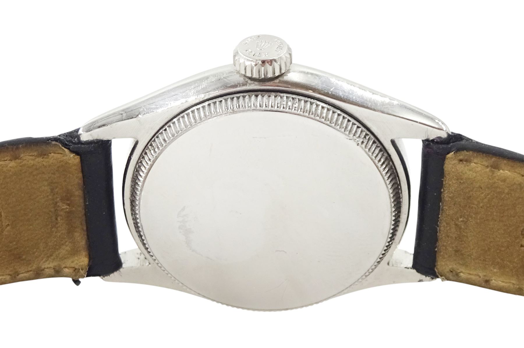 Rolex Oyster Royal gentleman's stainless steel manual wind wristwatch, circa 1951, Ref. 6044, serial No. 720560, on black leather strap
