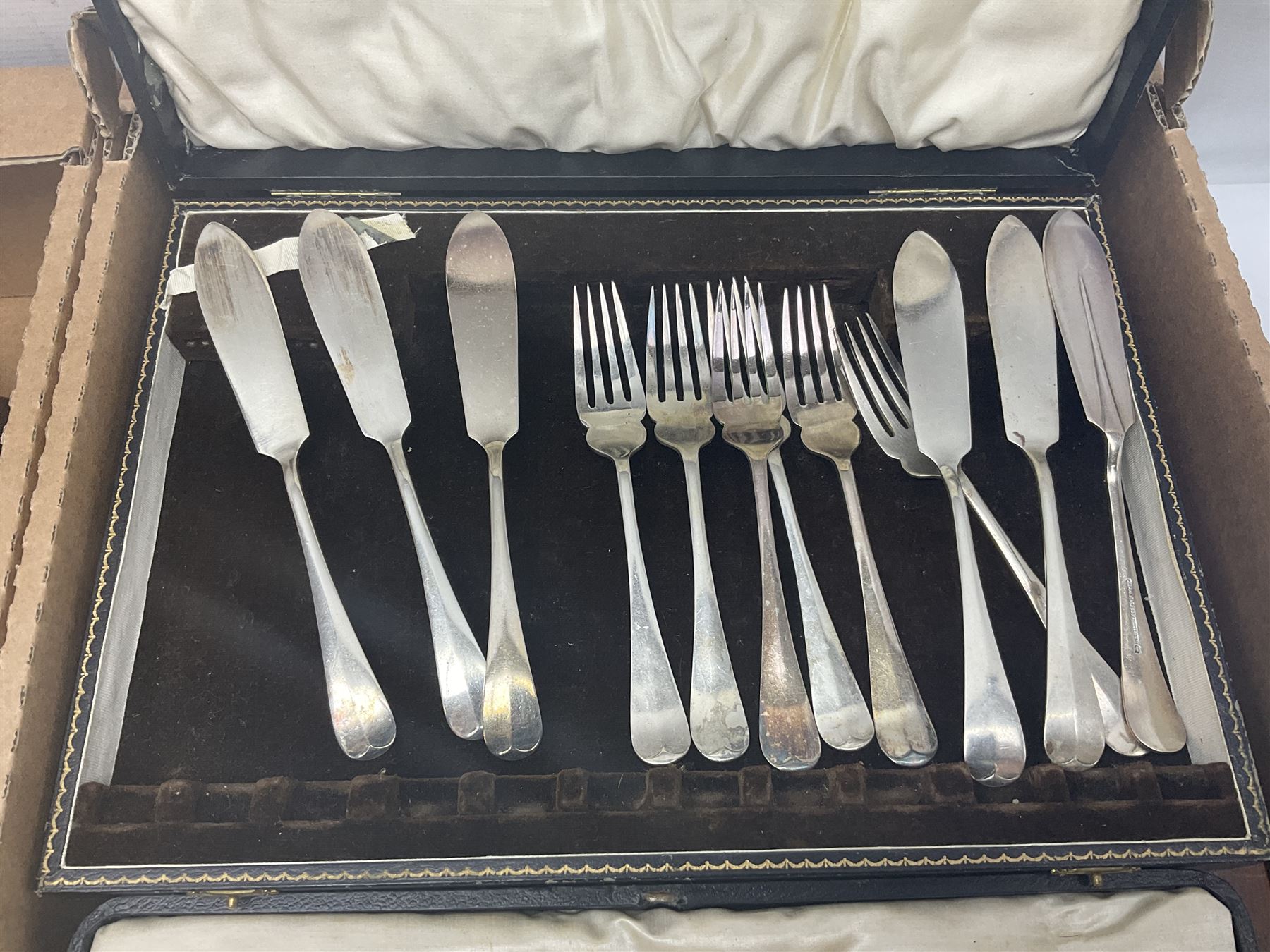 Cased canteen of cutlery, together with set of fish flatware, French teawares etc, in two boxes 