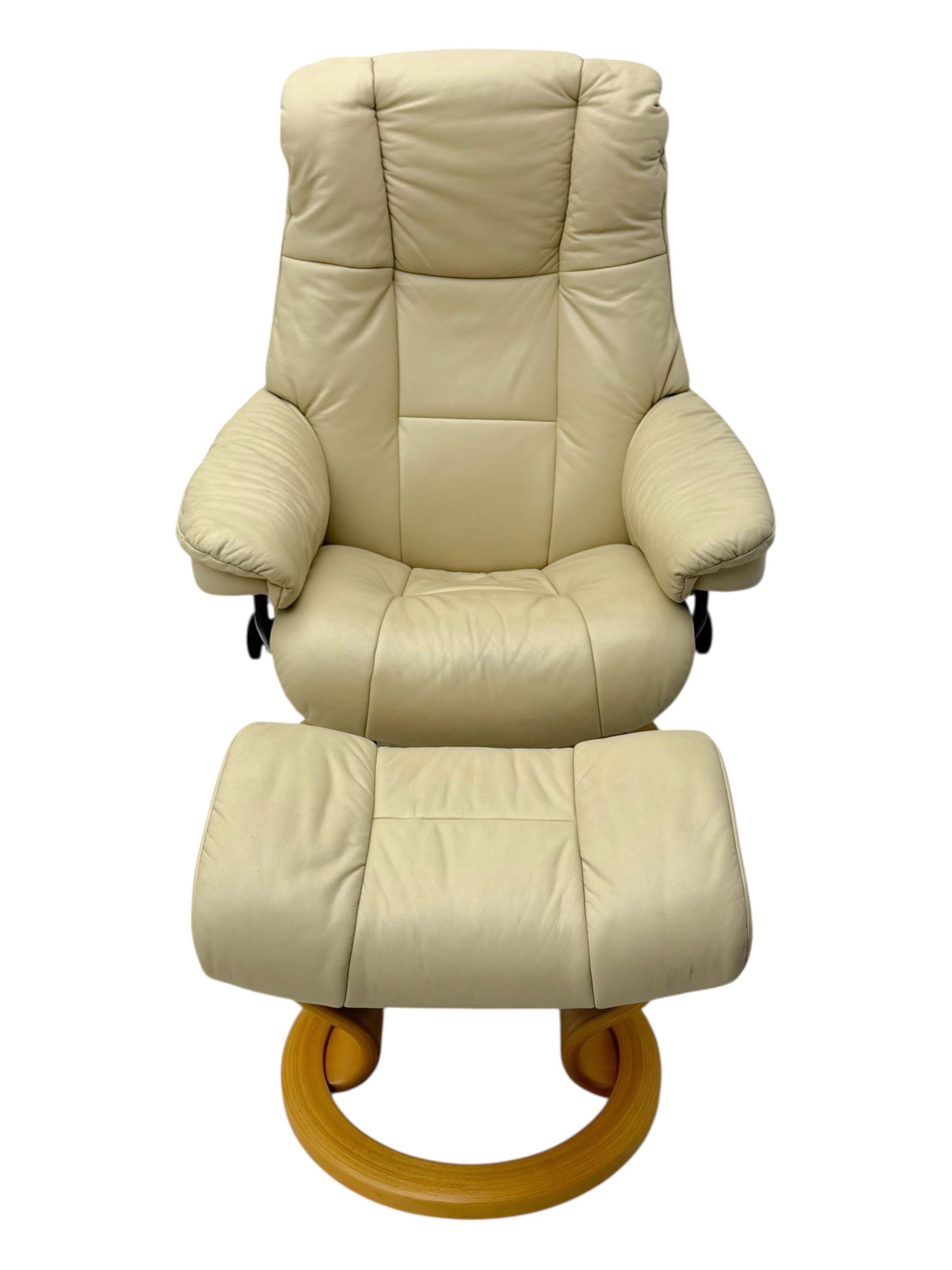 Stressless - armchair and footstool upholstered in beige leather, recliner with swivel base 