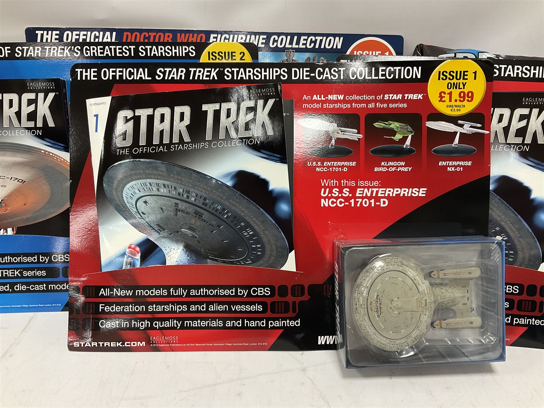 Star Trek - Eaglemoss Official Starships Collection three unopened issue No.1 and Issue No.2; five boxed Fabbri metal figures; and four carded action figures; together with Dr. Who - Eaglemoss Official Figurine Collection unopened Issue No.1; Dr. Who Monster Invasion parts 2 & 3, both unopened; four Dapol carded Dr. Who action figures and two others.