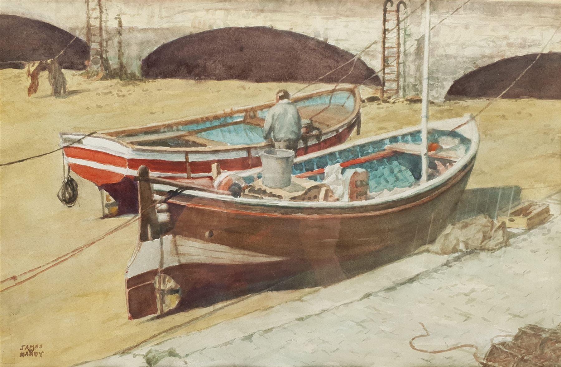 James W Hardy (British 20th century): Low Tide Scarborough Harbour, watercolour signed 31cm x 47cm