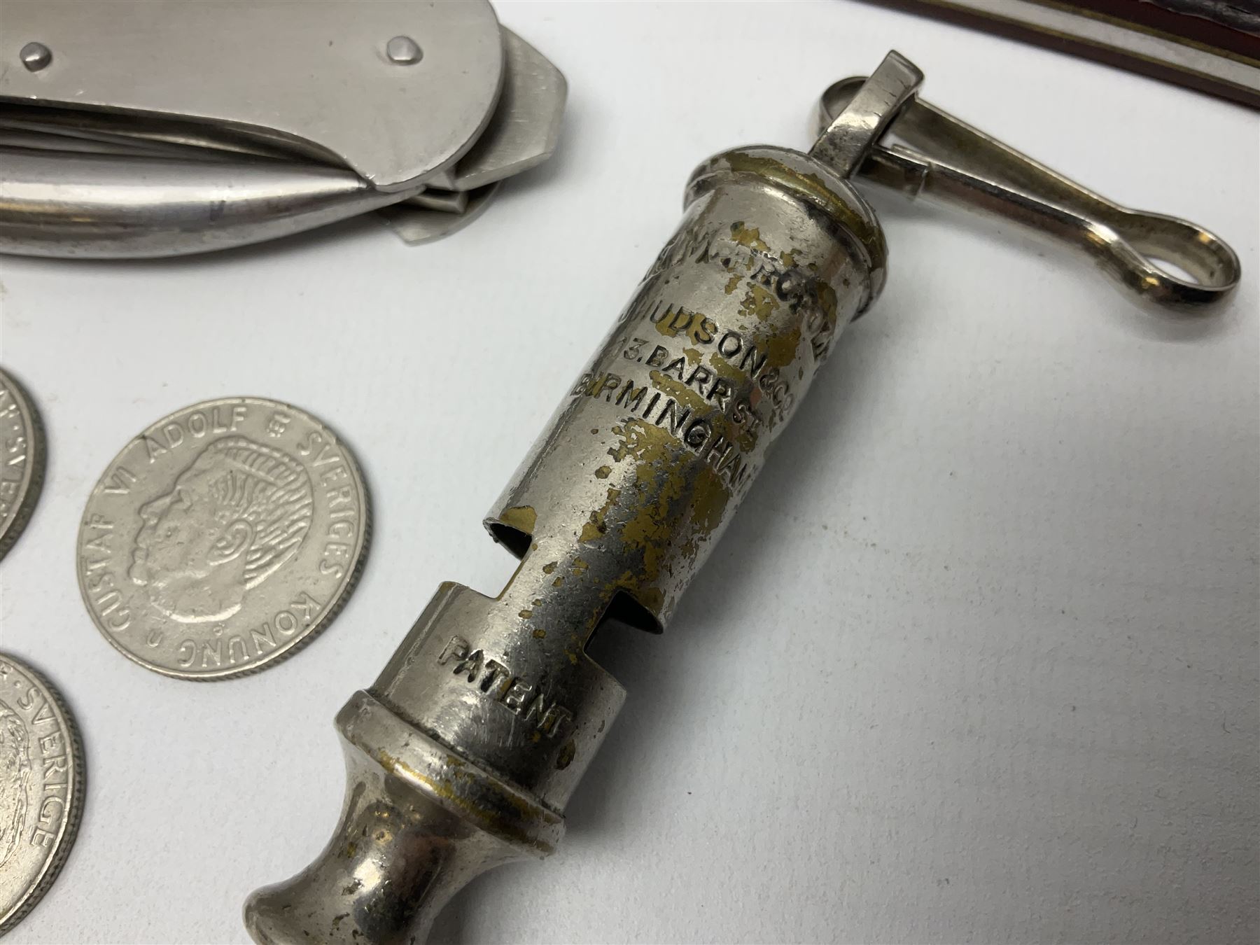 Barlow Shackler Sailor's Knife PAT.41576, together with a penknife, whistle and coins 