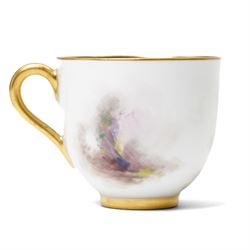 Royal Worcester cabinet cup and saucer, each painted with pheasants in a landscape, by James Stinton, each with backstamp in puce, teacup H5cm