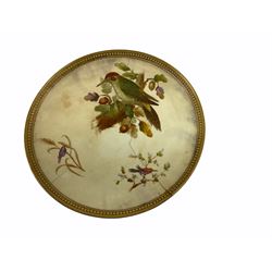 19th century Royal Worcester dessert tazza, the circular top hand painted with birds to each side, upon a trefoil base and stem with three supports in the form of butterflies, heightened with gilt throughout, with puce printed mark beneath, H19.5cm D24cm
