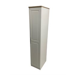 Oak and white finish tall narrow single wardrobe, fitted with shelves
