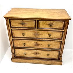 Late Victorian aesthetic movement inlaid chest, moulded top, two short and three long drawers, platform base