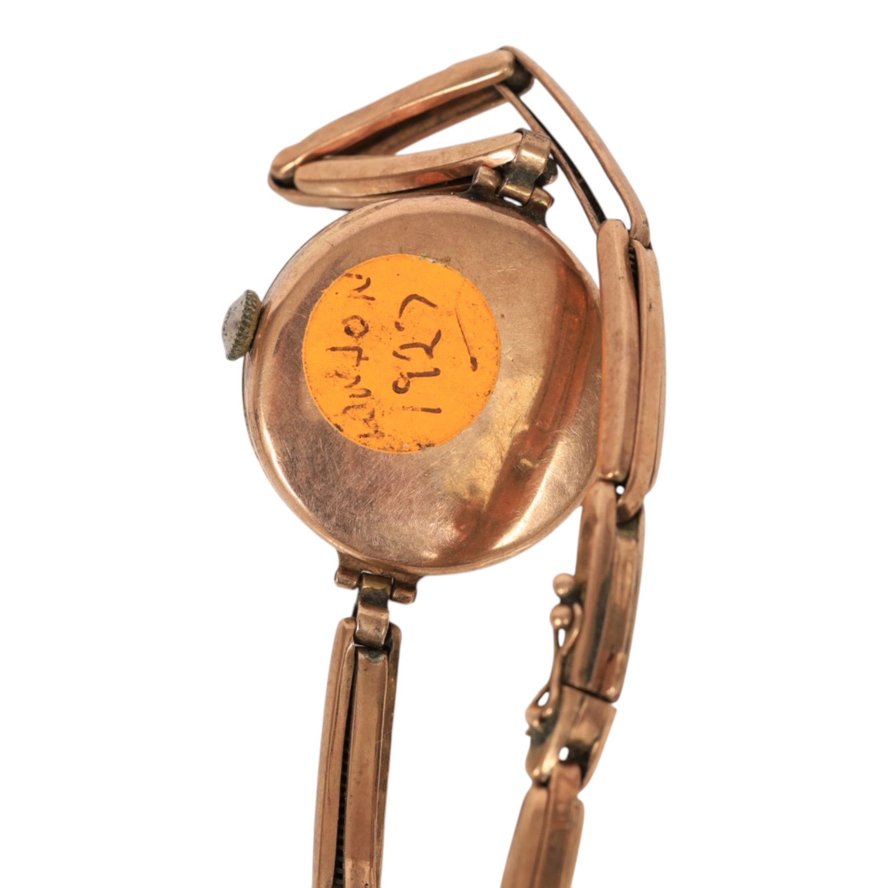 Five 9ct gold manual wind wristwatches, one on a 9ct rose gold expanding bracelet and an 18ct gold manual wind wristwatch, on brown leather strap