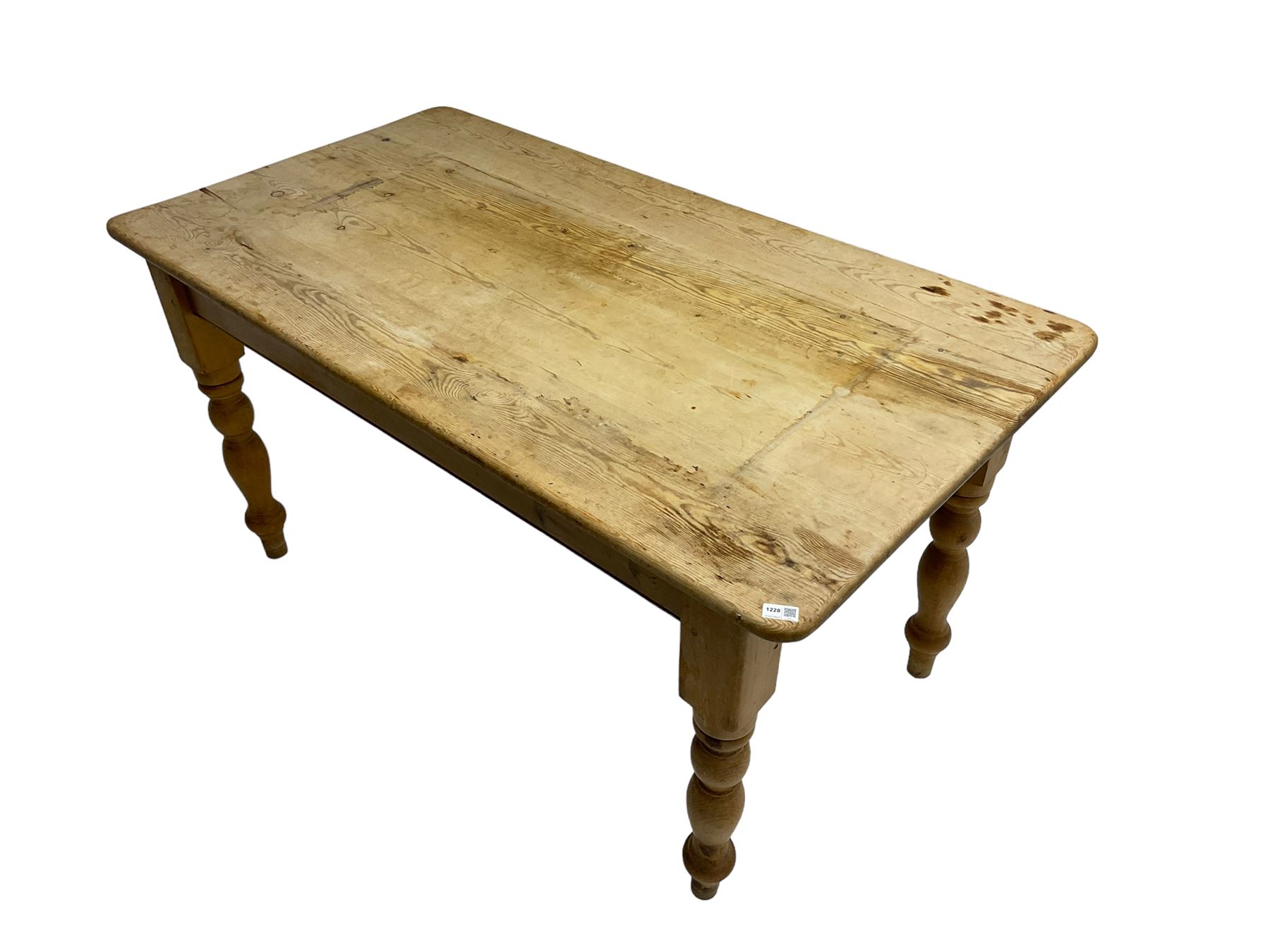 Traditional pitch pine farmhouse table, rectangular top raised on turned supports