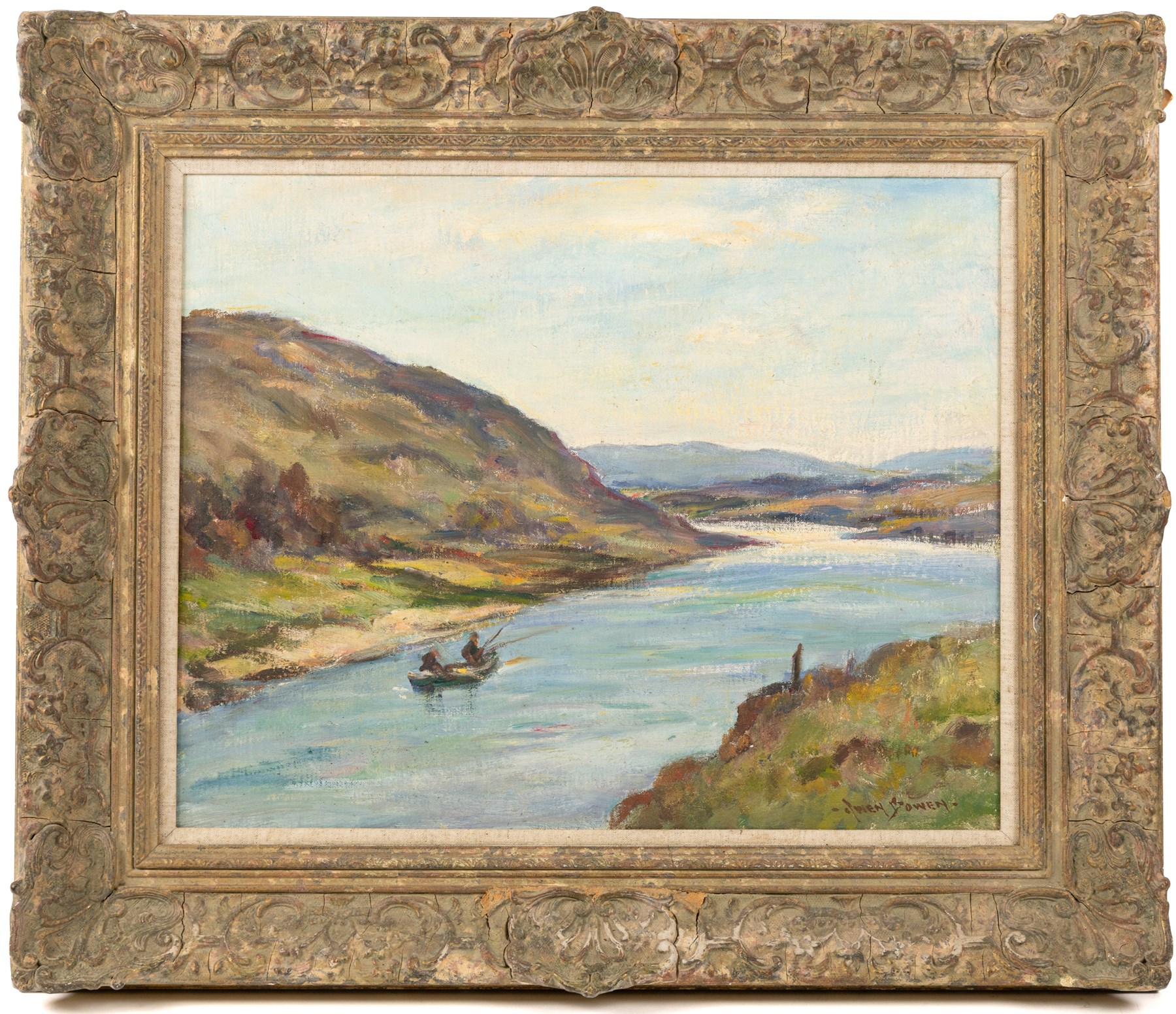 Owen Bowen (Staithes Group 1873-1967): Fishing Boat on a Vast Loch, oil on board signed 39.5cm x 49.5cm