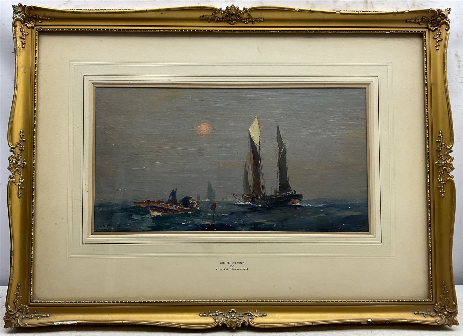 Frank Henry Mason (Staithes Group 1875-1965): 'The Fishing Moon', oil on board signed, titled on the mount 24cm x 46cm