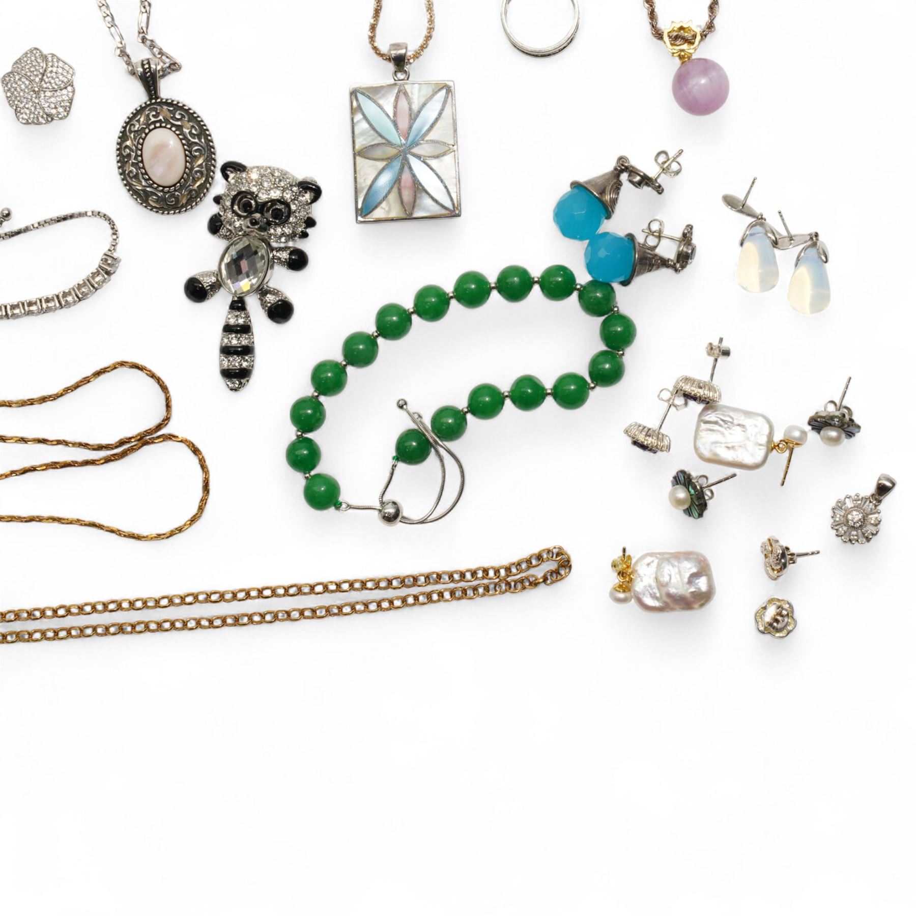 Three pairs of 9ct gold stone set stud earrings, collection of silver jewellery including eight necklaces, two stone set bracelets, earrings, a Kirks Folly brooch and other costume jewellery 