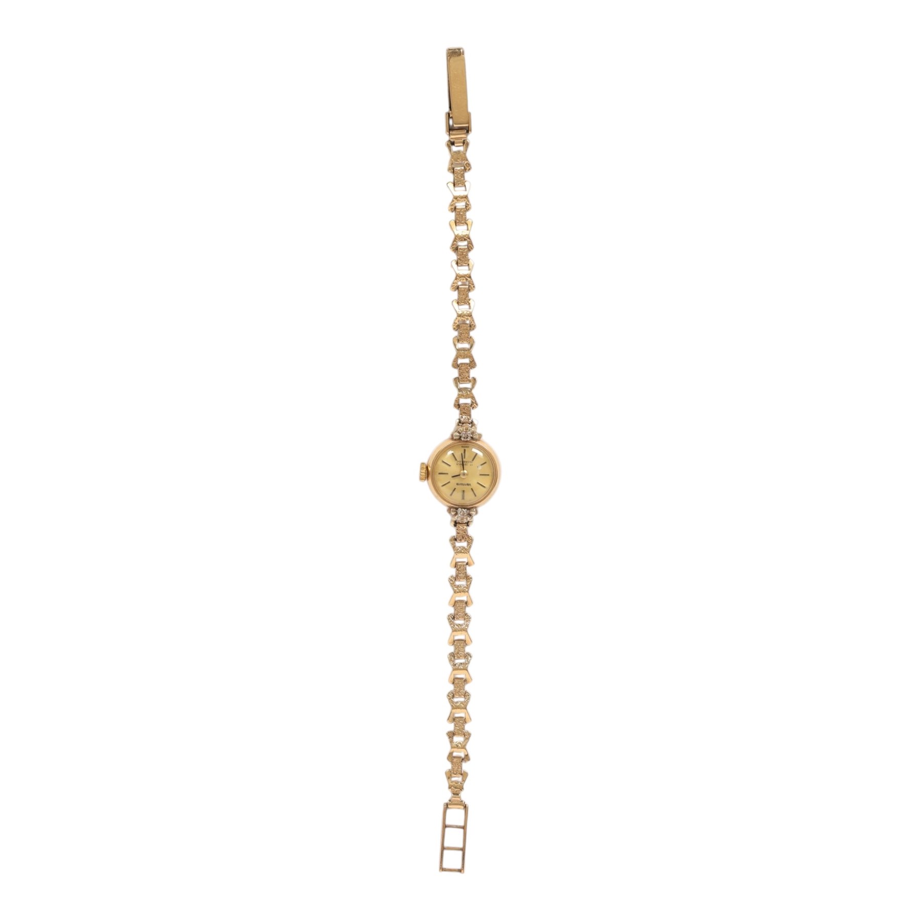 Ventore ladies 9ct gold manual wind wristwatch, on 9ct gold bracelet, hallmarked