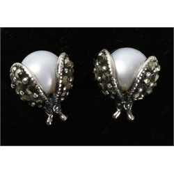 Pair of silver pearl and marcasite ladybird stud earrings, stamped 925  