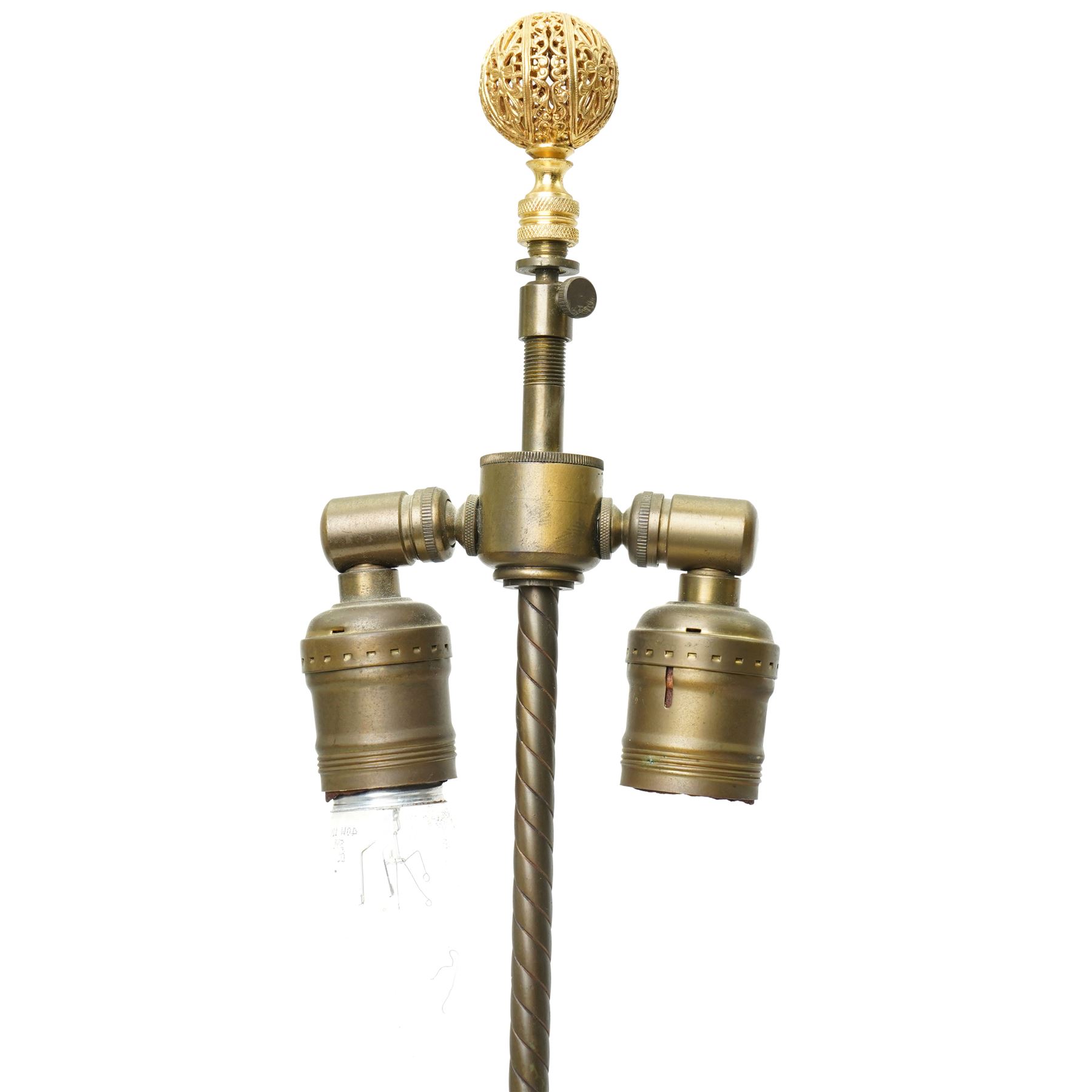 Pair of Royal Worcester table lamps modelled by James Hadley with female musicians with two branch metal fittings and filigree finials on circular bases H75cm