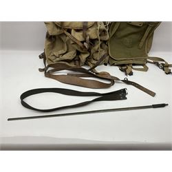 Miscellaneous militaria including WW2 French backpack, leather 'Y' straps, two Yugoslavian army vehicle number plates, US Army aerial, rifle sling, water bottle etc