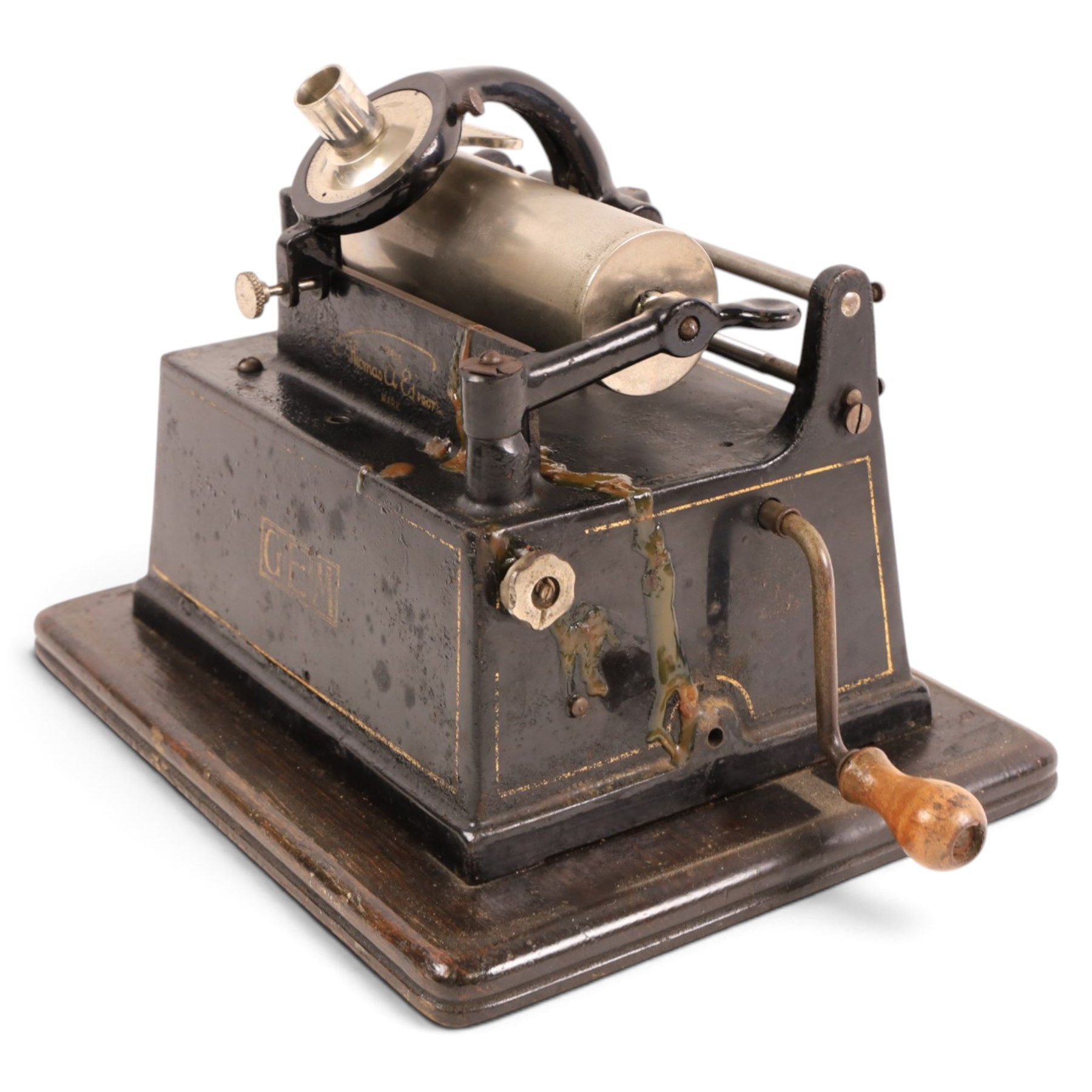 Early 20th century Edison GEM phonograph, in oak case, serial number 237880, with brass horn and a collection of wax cylinders