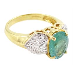 18ct gold Paraiba tourmaline and diamond ring, single oval cut tourmaline of approx 2.15 carat, with diamond set petal shaped shoulders, Birmingham 2006