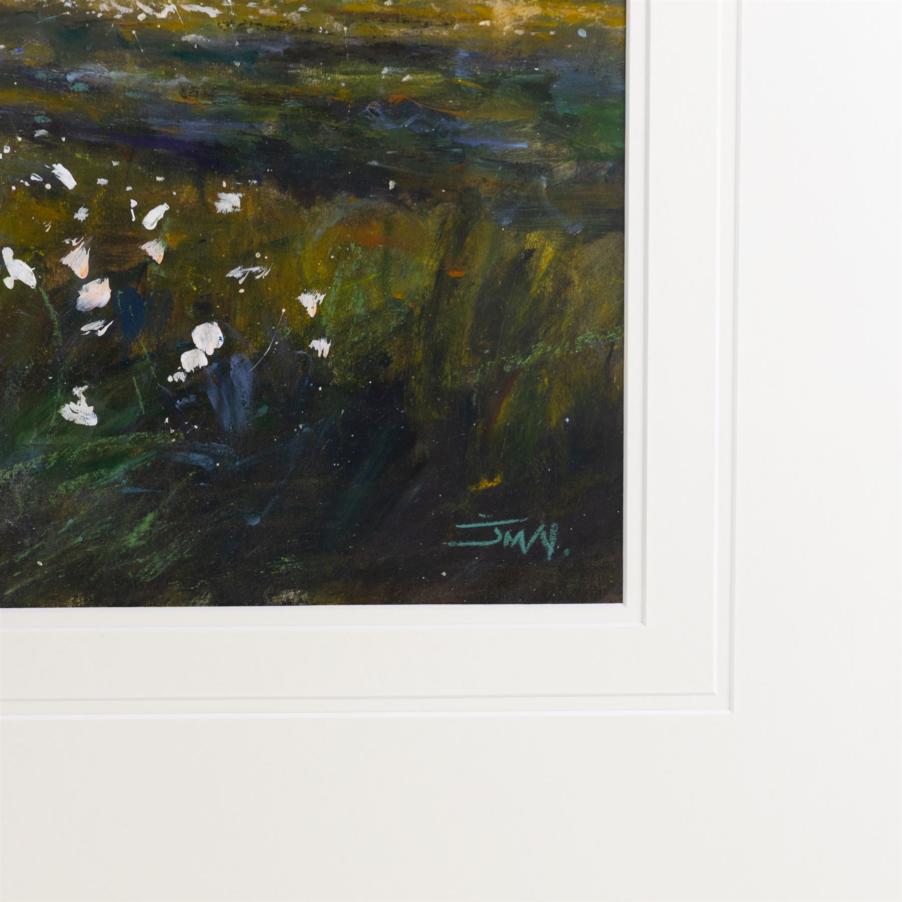 Jim Miller Wright (Scottish 1954-): 'Cotton Grass on Farndale Moor' North York Moors, oil signed with monogram, titled verso 51cm x 72cm 