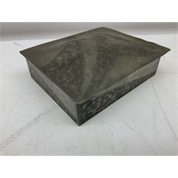 Edwardian oak cigarette box with vacant silver-plate shield plaque with softwood lining, L26cm H6cm, early to mid 20th century planished pewter cigar box and a silver plated matchstick box stamped S. Wiskemann, L16cm