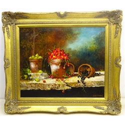 Wilf Parker (British 20th century): 'Fruit on a Broken Slab', oil on board signed, titled verso 49cm x 59cm