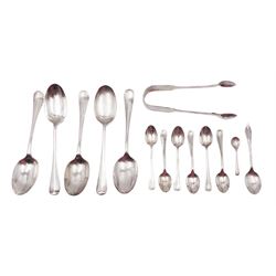 Collection of silver, to include five Hanoverian pattern dessert spoons, each with rattail bowls and personal engravings, three hallmarked Walker & Hall, Sheffield 1931 & 1934, and a pair hallmarked Atkin Brothers, Sheffield 1929, together with a set of six 1930s Hanoverian pattern coffee spoons, each with rattail bowls, hallmarked C W Fletcher & Son Ltd, and a pair of Victorian sugar tongs, hallmarked London 1847, maker's mark JW, etc