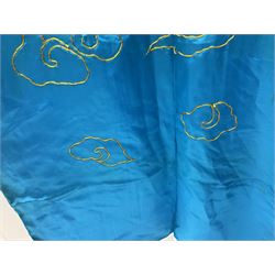 Vintage blue silk kimono, embroidered with dragon, landscape and auspicious clouds in gold coloured thread 