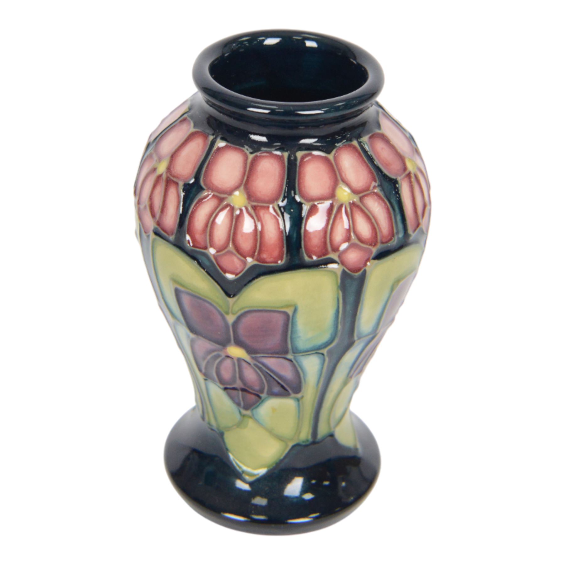 Moorcroft two miniature vases, in violets pattern, with original boxes, H11cm 