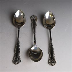 Set of six silver teaspoons and sugar tongs, with embossed foliate decoration, hallmarked I S Greenberg & Co, Birmingham probably 1917