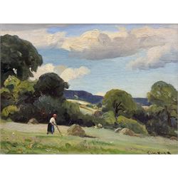 Ernest Higgins Rigg (Staithes Group 1868-1947): 'Haymaking', oil on canvas board signed 22cm x 30cm 
Provenance: exh. Phillips & Sons, The Dower House, Cookham, November '80, label verso
