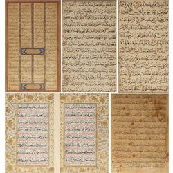 Five framed Quran/Koran manuscript leaves, various dates, to include illuminated and gilt ...