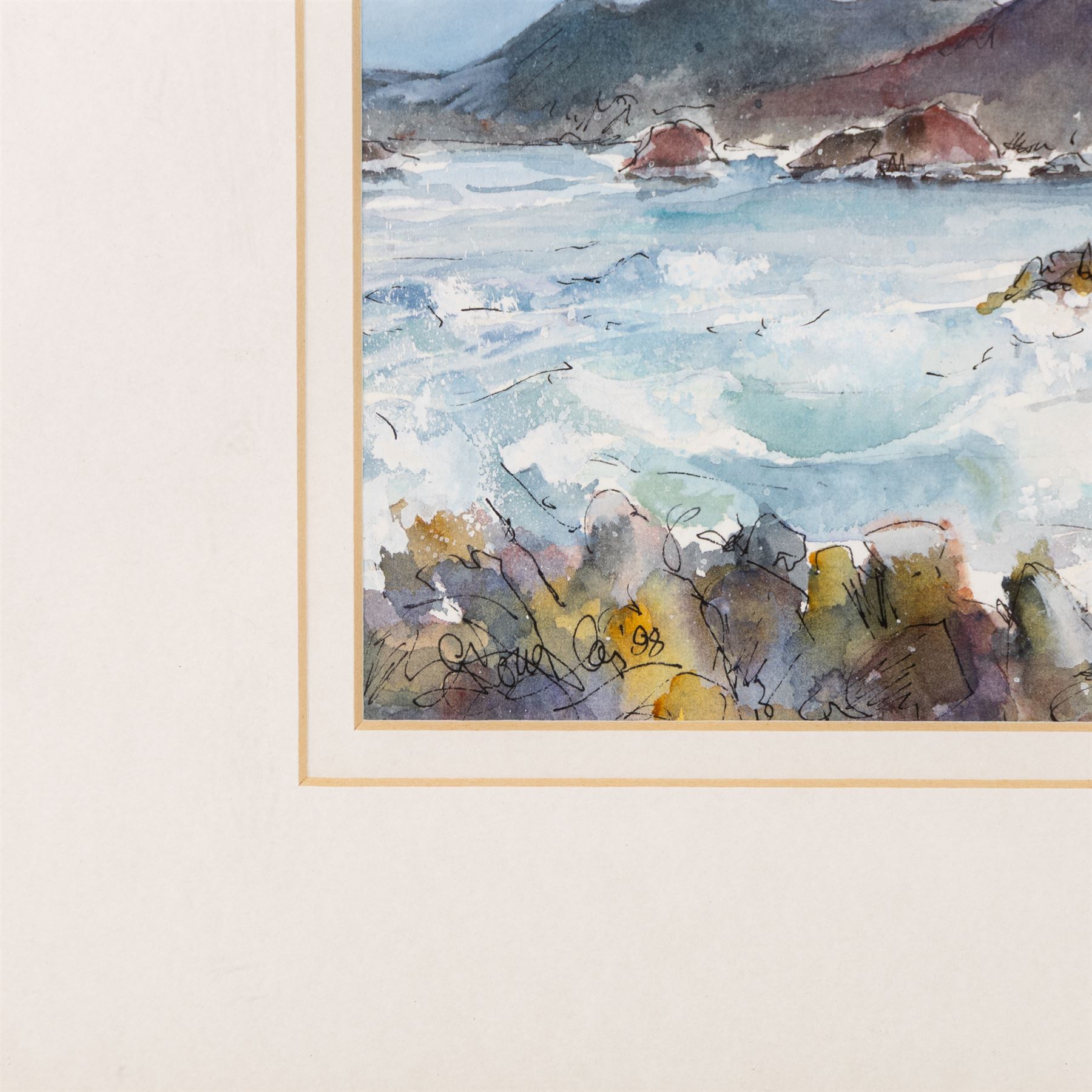 Gill Douglas (Northern British 1944-): 'Smoke on the Mountain I - An Teallach (the Forge) in the mist with Gruinard Bay from Laide - Wester Ross', watercolour signed, titled and dated 1998 verso with the artist's York address label 16cm x 34cm
Notes: Originally from Newcastle upon Tyne, at the age of 28 Gill moved to study Theatre Design at Art College in Nottingham. On completion of her Diploma, in 1976, she moved to York to establish herself as an artist and print maker.