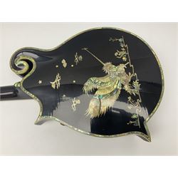 Eastern F-hole eight-string mandolin with black finish and mother-of-pearl inlay of a man riding a winged horse/unicorn amongst clouds and stars with playing card suits to the fingerboard L71cm