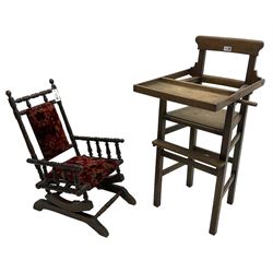 Early 20th century beech framed child's American design rocking chair (W38cm); and an early 20th century oak child's high chair (H92cm)