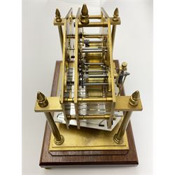 Mid 20th century 'Congreve' rolling ball clock, sloped arch and pierced brass movement, the central Arabic minute chapter ring flanked by hour and seconds dials, twin train driven eight day movement, raised on mahogany plinth with turned brass feet, under acrylic cover