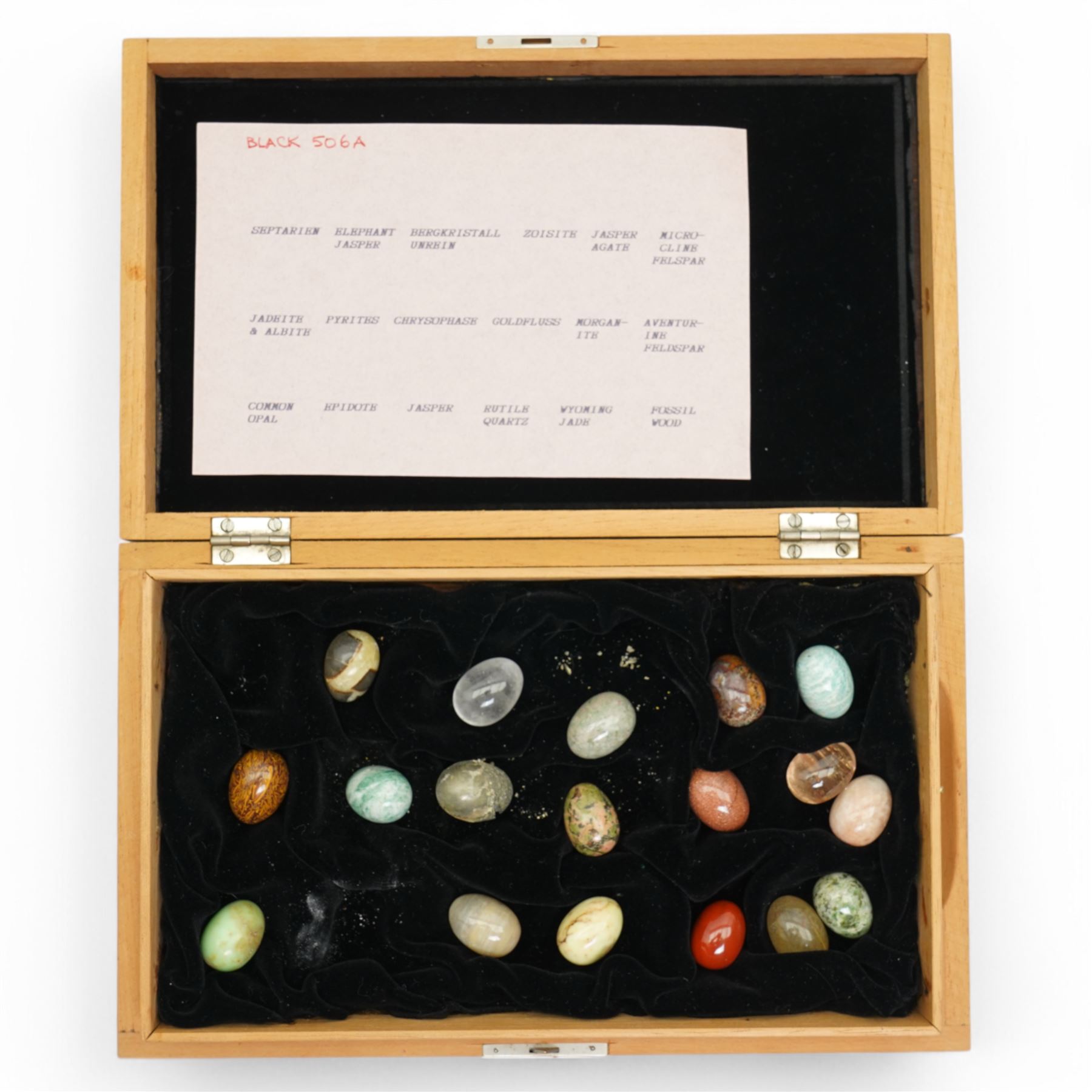 Collection of approx ninety named semi precious stone eggs in five Dunhill cigar boxes 