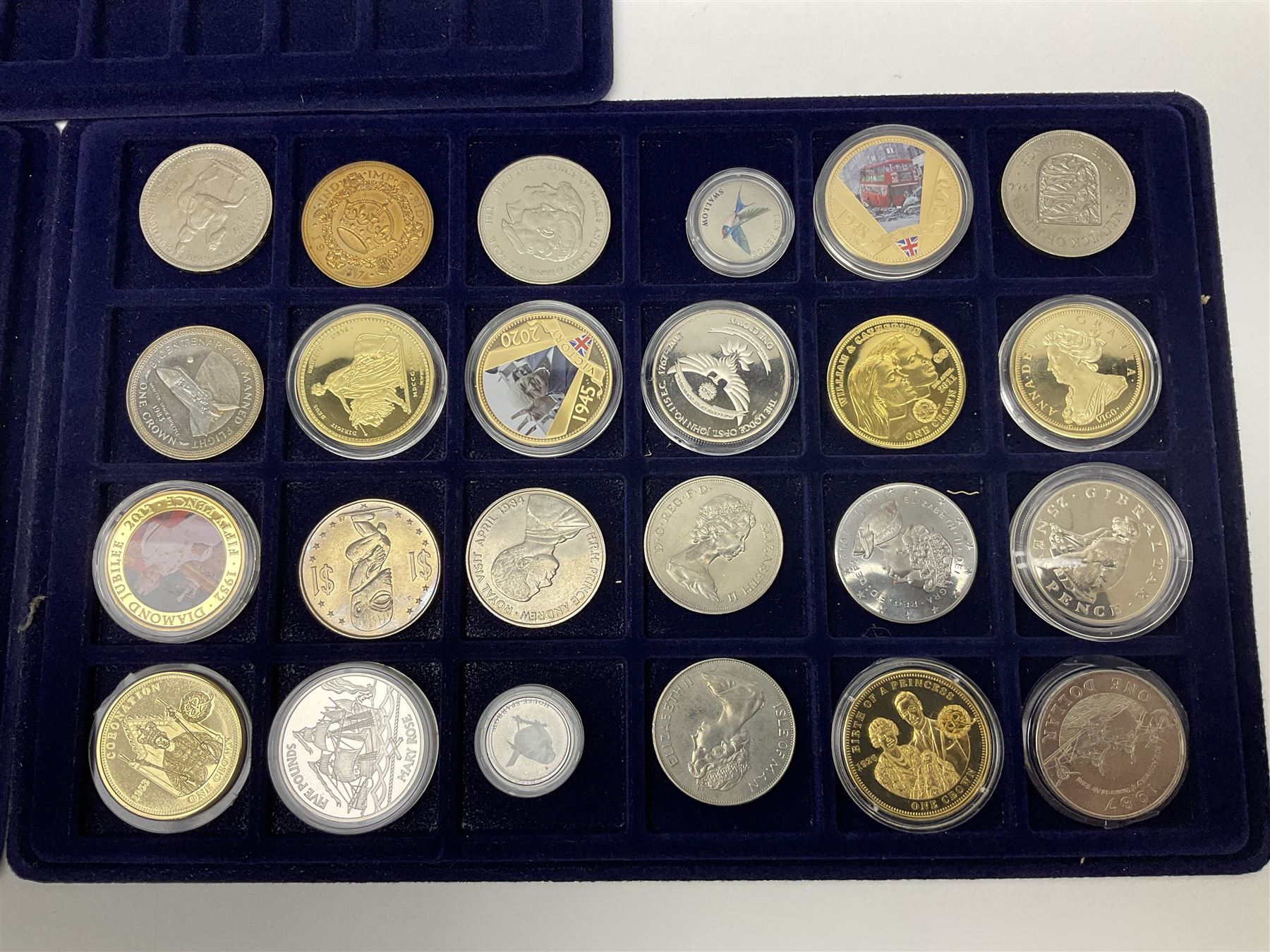 Commemorative, fantasy and other coinage, including George II 1754 farthing, George III 1773 farthing, cartwheel penny and cartwheel two pence, Queen Victoria Canada 1886 twenty five cents, various commemorative crowns etc, housed in three blue coin trays