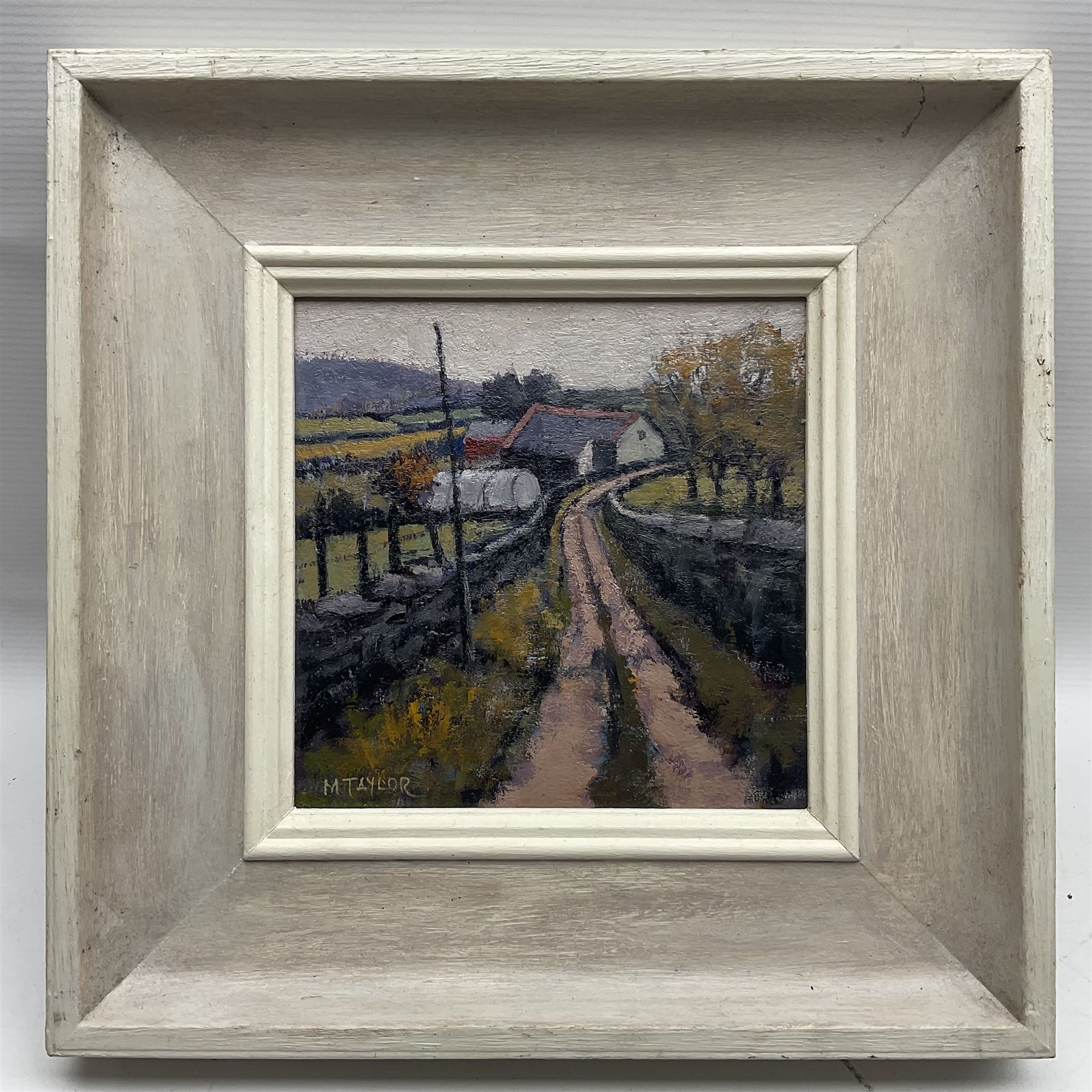 Malcolm Taylor (British Contemporary): 'Polytunnel on Pinnacle Lane', acrylic on board signed, titled verso 19cm x 19cm 