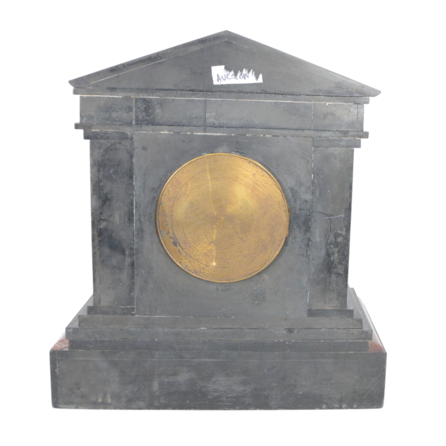 Large Victorian slate and variegated rouge marble architectural mantle clock, with gilded bronze mounts, with eight-day movement, striking a coiled gong, not running 