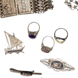 Silver fancy link bracelet, stone set jewellery including cross pendant necklace, silver thimble, Siam silver bracelet and brooches