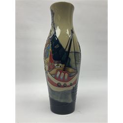 Moorcroft Whitby Harbour vase, 2017, trial vase of slender baluster form, tubelined and painted in bright colours with a view of Whitby town and harbour, impressed and painted marks beneath, H26cm 