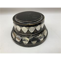 Group of silver, to include filled figure of a pheasant, hallmarked for London, pair of silver mounted horn napkin rings, miniature Edwardian bible with silver cover embossed with putti, Victorian silver brooch, ebonised plinth with applied inscribed silver shields, etc., together with two stick pins, one example with 9ct gold terminal 