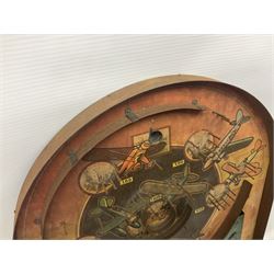 1934 Lindstrom's 'Airways' tin-plate bagatelle game by Lindstrom Tool and Toy Company Bridgeport Conn., the decorative bagatelle board depicting Lindstrom's epic airway routes; with wooden peg and quantity of balls H61cm