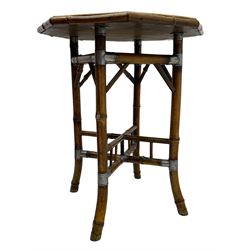 W.F. Needham - Victorian bamboo occasional table, octagonal lacquered top, the bamboo joined by metal brackets, brass cups stamped 'W.F Needham'